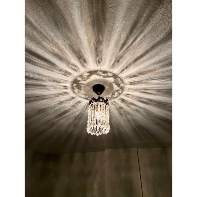 Small Vintage Crystal Chandelier – Bronze Filigree Crown & Amethyst Glass Accents For Sale - Image 4 of 18