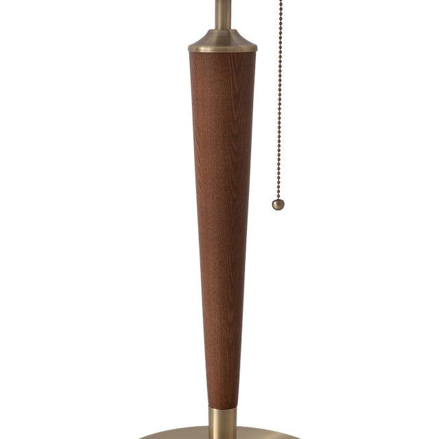 1970s 1970s Nova of California Scalloped Brass Table Lamp - Walnut, Weathered Brass, White Linen, on/Off Pull Chain For Sale - Image 5 of 6