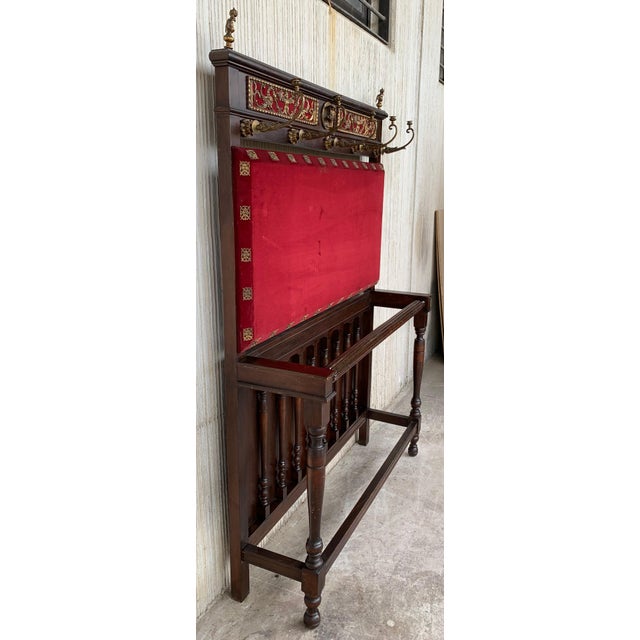 19th Large Carved Spanish Solid Walnut Coat Rack Stand with Red Velvet Back For Sale - Image 13 of 18