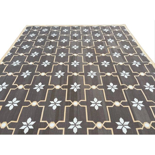 Coffee Not Yet Made - Made To Order Handmade Cotton Area Rug, Natural Vegetable Dyed, Brown and Cream Flower Pattern Dhurrie - 12'x15' For Sale - Image 8 of 11