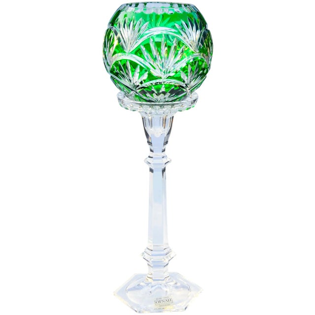 Exquisite, rare and very heavy, midcentury Slovakian crystal candleholder and centerpiece hand-blown in green and clear....