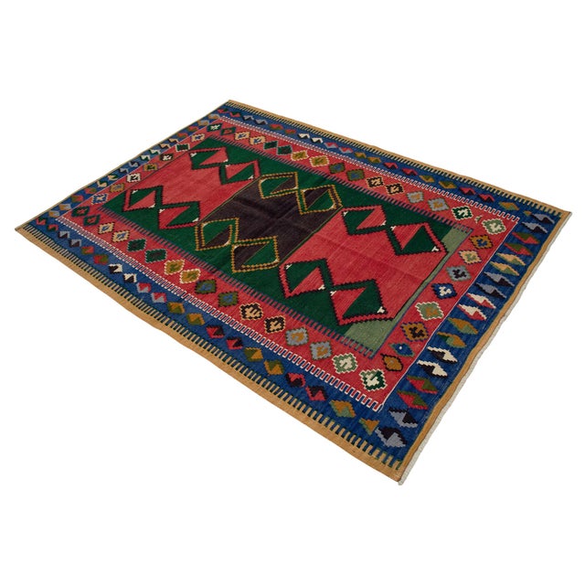 Textile 1960s Hand Woven Turkish Kilim Rug Flat Weave Area Rug - 4′4″ × 6′1″ For Sale - Image 7 of 11