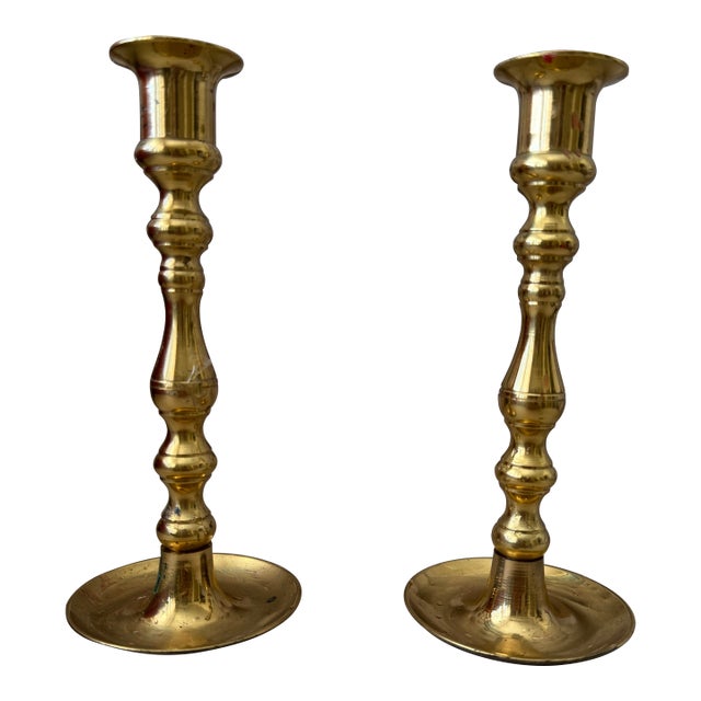 Late 20th Century Solid Brass Candlestick Holders - Set of 2 For Sale