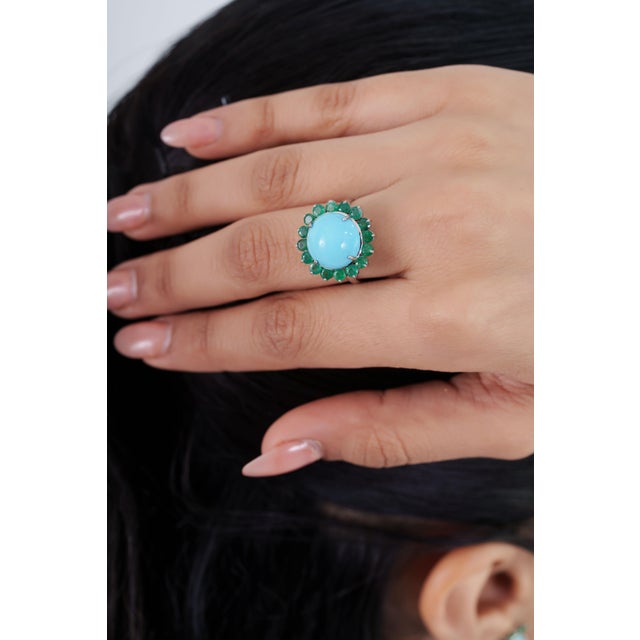 Turquoise 6.13ct Cabochon Turquoise & Emerald Halo Cocktail Ring in 14k White Gold Size 6 For Sale - Image 8 of 18