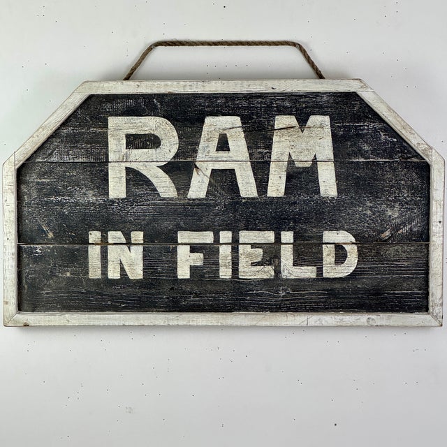 Farmhouse Large Vintage "Ram in Field" Wooden Sign With Barn Shaped Frame For Sale - Image 3 of 8