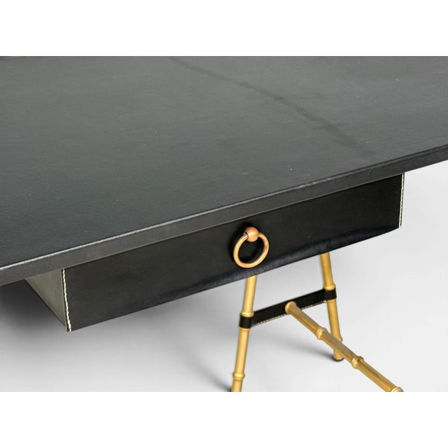 Jacques Adnet Attr., Desk and Folding Chair, Black Leather, Brass, France, 1950s For Sale - Image 9 of 18