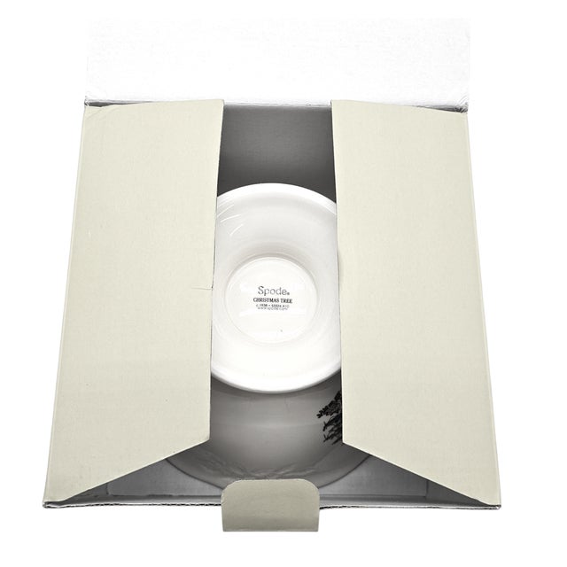 Ceramic Spode “Christmas Tree” Holiday Collection — Footed Compote, Oval Bowl & Pierced Square Tray in Boxes For Sale - Image 7 of 7