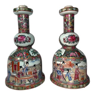 Fine Pair of Meiji Period Chinese Export Rose Medallion Porcelain Candlesticks. For Sale
