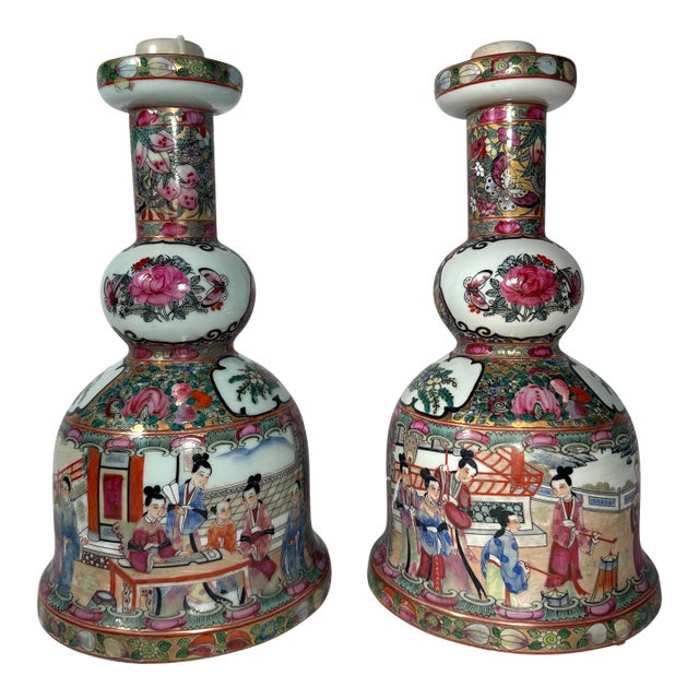 Fine Pair of Meiji Period Chinese Export Rose Medallion Porcelain Candlesticks. For Sale