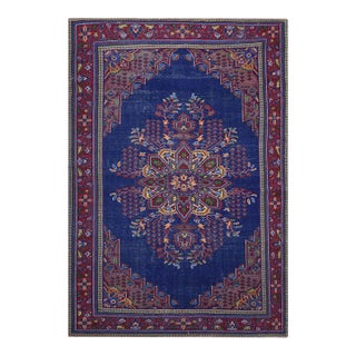 1970s Vintage Turkish Handmade Wool Cotton Blue Area Rug For Sale