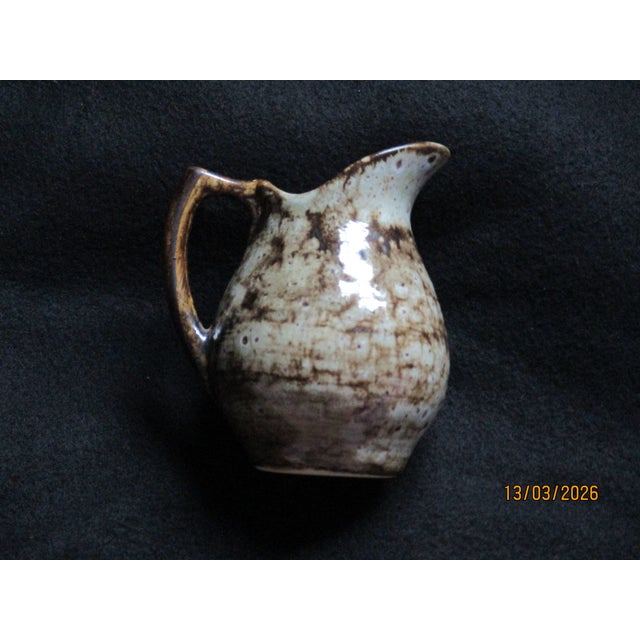 1940s Vintage Rustic Art Collectibles Crockery Type Jug Creamer Vase Unique Marked Stoneware Pitcher For Sale - Image 5 of 7