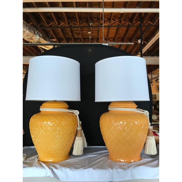 Yellow Glazed Ceramic Jardinière Lidded Vase Lamps - A Pair For Sale - Image 5 of 9