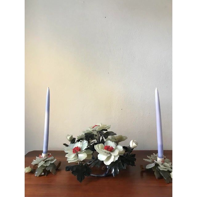 Rare Carved Green Jade Peony Flower Statement Centerpiece and Two Matching Candle Holders For Sale - Image 11 of 12