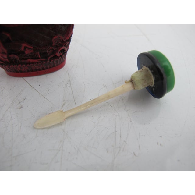 Red Vintage Chinese Red Cinnabar Lacquerware Village Scene Snuff Bottle For Sale - Image 8 of 10