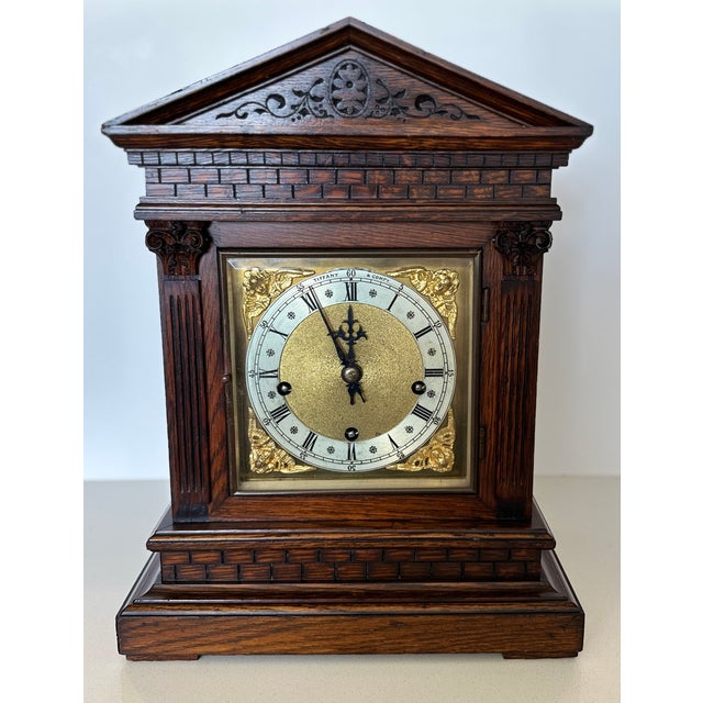 Victorian Antique Tiffany & Co. Architectural Oak Bracket Clock | English Case, German 5-Gong Movement | Circa 1900 For Sale - Image 3 of 18