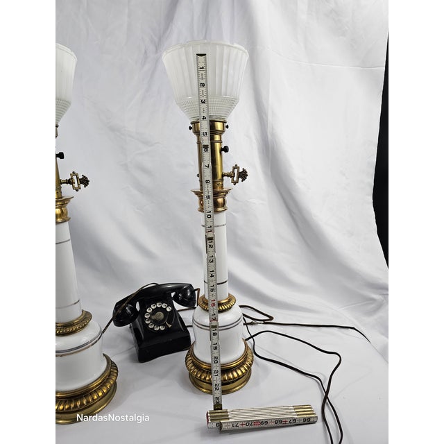 Pair of Vintage 1950s Stiffel Attributed White Ceramic Glass With Brass Banding Torchiere Table Lamp For Sale - Image 9 of 9