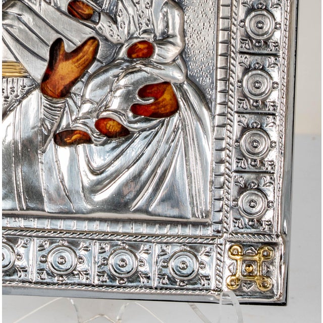 Italian Late 20th Century Italian .925 Silver Icon of Virgin Mary & Christ Child, Gold-Accented For Sale - Image 3 of 8