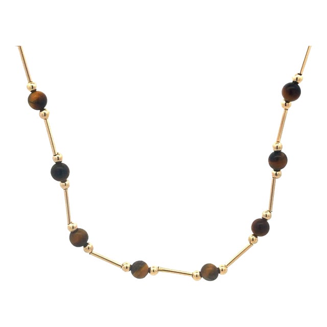 Tiger's Eye 14k Gold Necklace Beaded Yellow Tube Links For Sale
