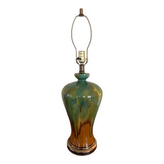 Mid-Century Modern Ceramic Table Lamp With Green and Umber Drip Glaze For Sale