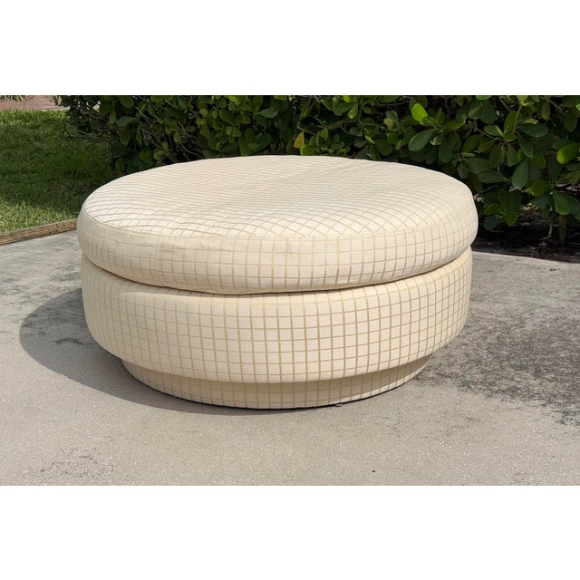 Contemporary Vintage 42” Round Postmodern Upholstered Cocktail Ottoman With Down Feather Cushion For Sale - Image 3 of 14
