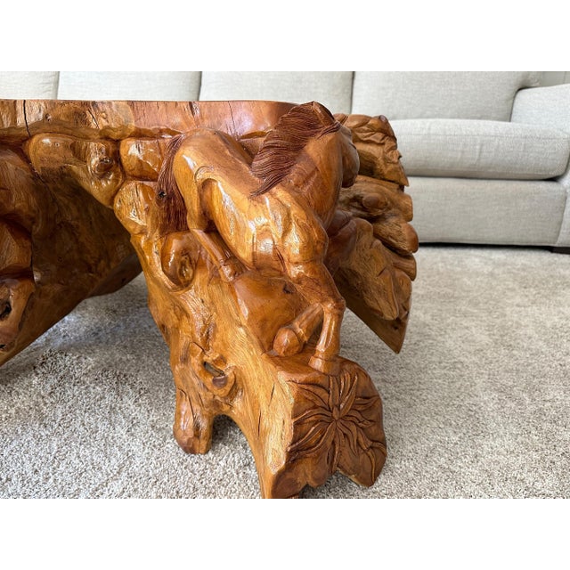 Wood 1990s Hand Carved Horse Boho Equestrian Wood Teak Root Coffee Table For Sale - Image 7 of 9