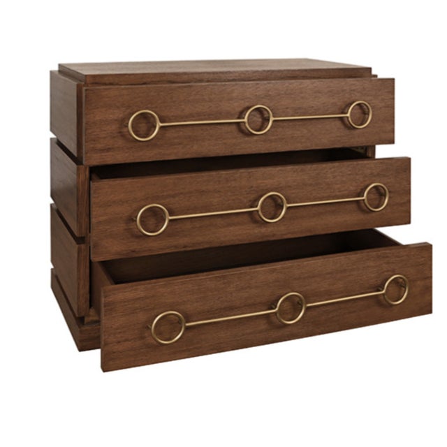 Mid-Century Modern Matthew Izzo Home Roderick Provincial Brown Oak Three Drawer Chest With Brass Accents For Sale - Image 3 of 7