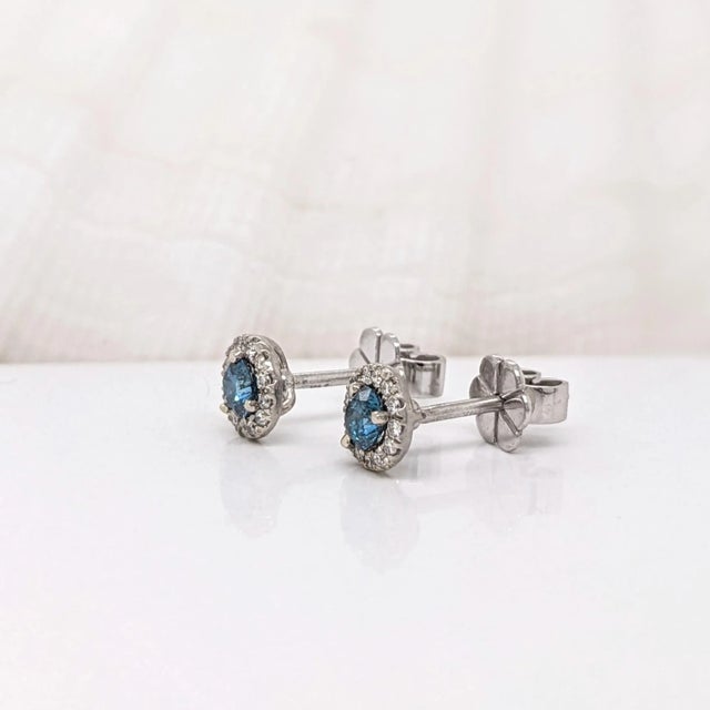 2020s Blue Diamond Earrings with Natural Diamonds in Solid 14K White Gold Round 3.5mm, a Pair For Sale - Image 5 of 7