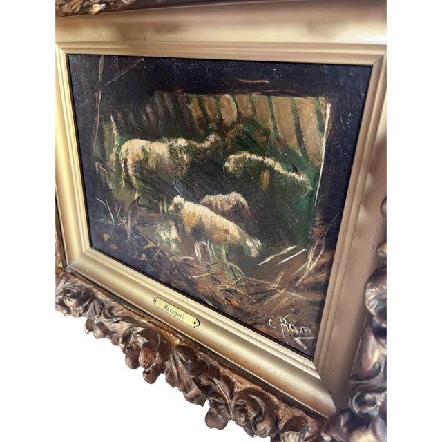 19th Century Antique Barnyard Oil on Canvas Painting With Sheep in Giltwood Frame For Sale - Image 5 of 8