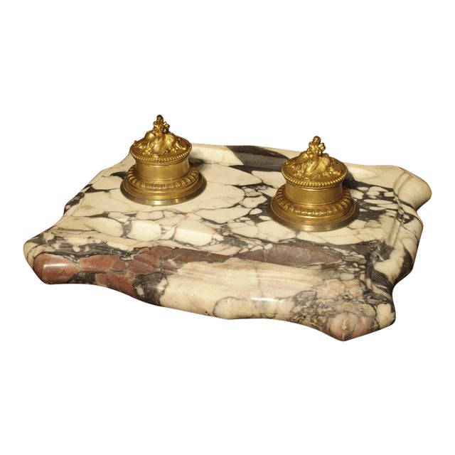 Large Antique French Marble and Bronze Inkwell, Circa 1880 For Sale
