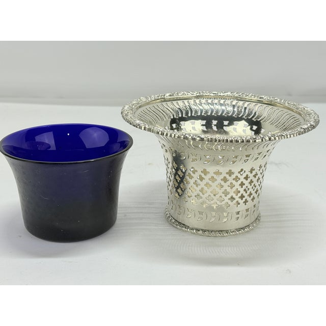 Mid 20th Century Mid 20th Century English Barker Ellis Silverplate Openwork & Cobalt Glass Lined Vessel For Sale - Image 5 of 6