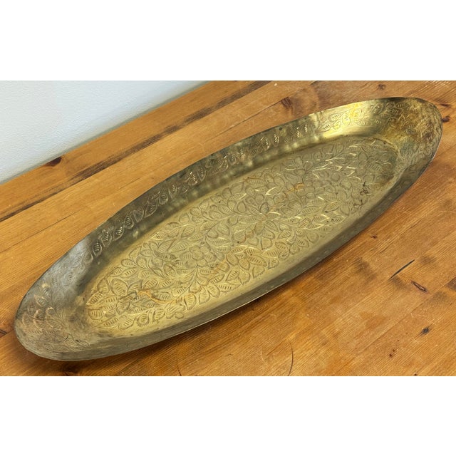 Vintage Indian Engraved Floral Brass Tray For Sale - Image 4 of 8