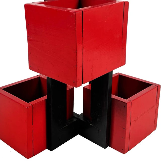 Vintage 1960s handmade modern wood floor planter. Features a strong De Stilj inspired silhouette with a black enameled...