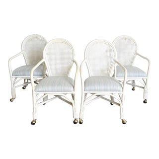 Regency White Cane Back Bamboo Rattan Dining Chairs on Casters - Set of 4 For Sale