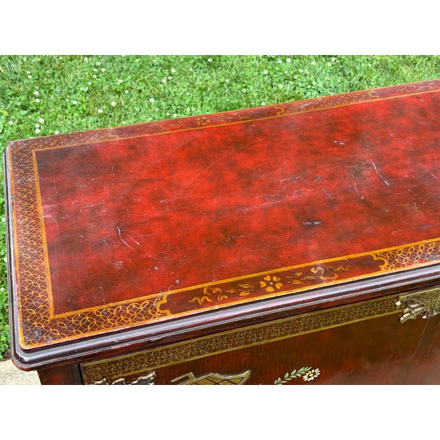 Antique Asian Oxblood Red Cabinet With Green Interior For Sale - Image 16 of 18