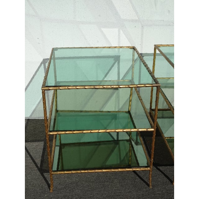 Pair of Vintage Three Tier Brass Bronze Side Tables W Etched Leaf Frames For Sale In Los Angeles - Image 6 of 18