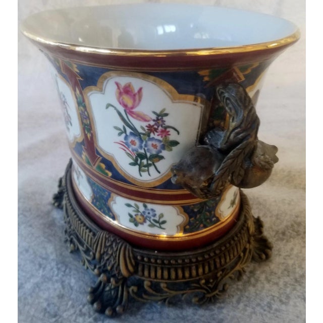 Metal 1990s Decorated Ceramic Vase With Ormulu Metal Bases- Set of 2 For Sale - Image 7 of 8