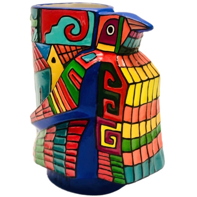 Sale Ferdinand Llort Vintage Mid-Century Modern Colorful Hand Painted & Signed Folk Art Pottery Bird Vase El Salvador #2 For Sale In Tampa - Image 6 of 8