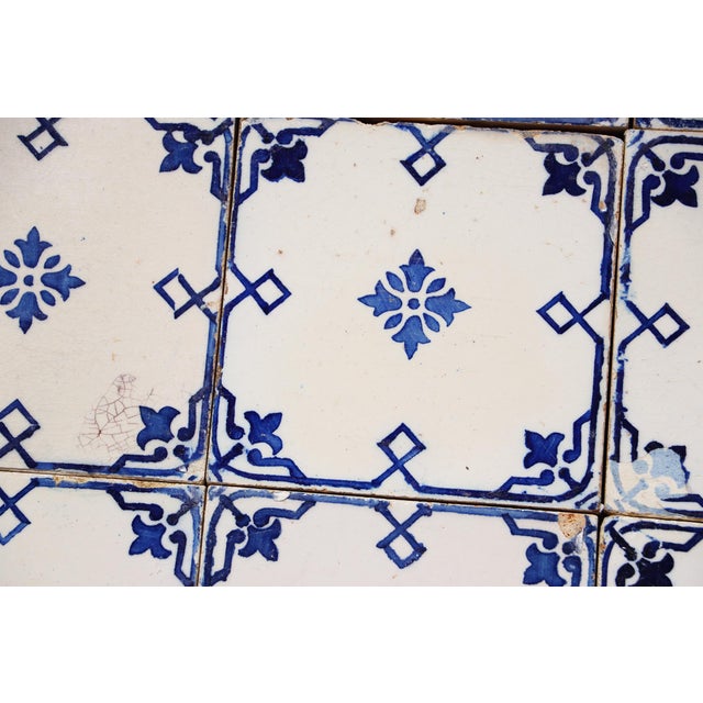 Blue Antique 1920s Portuguese Art Deco Tiles Cobalt Blue Floral Crosses Set of 16 For Sale - Image 8 of 14