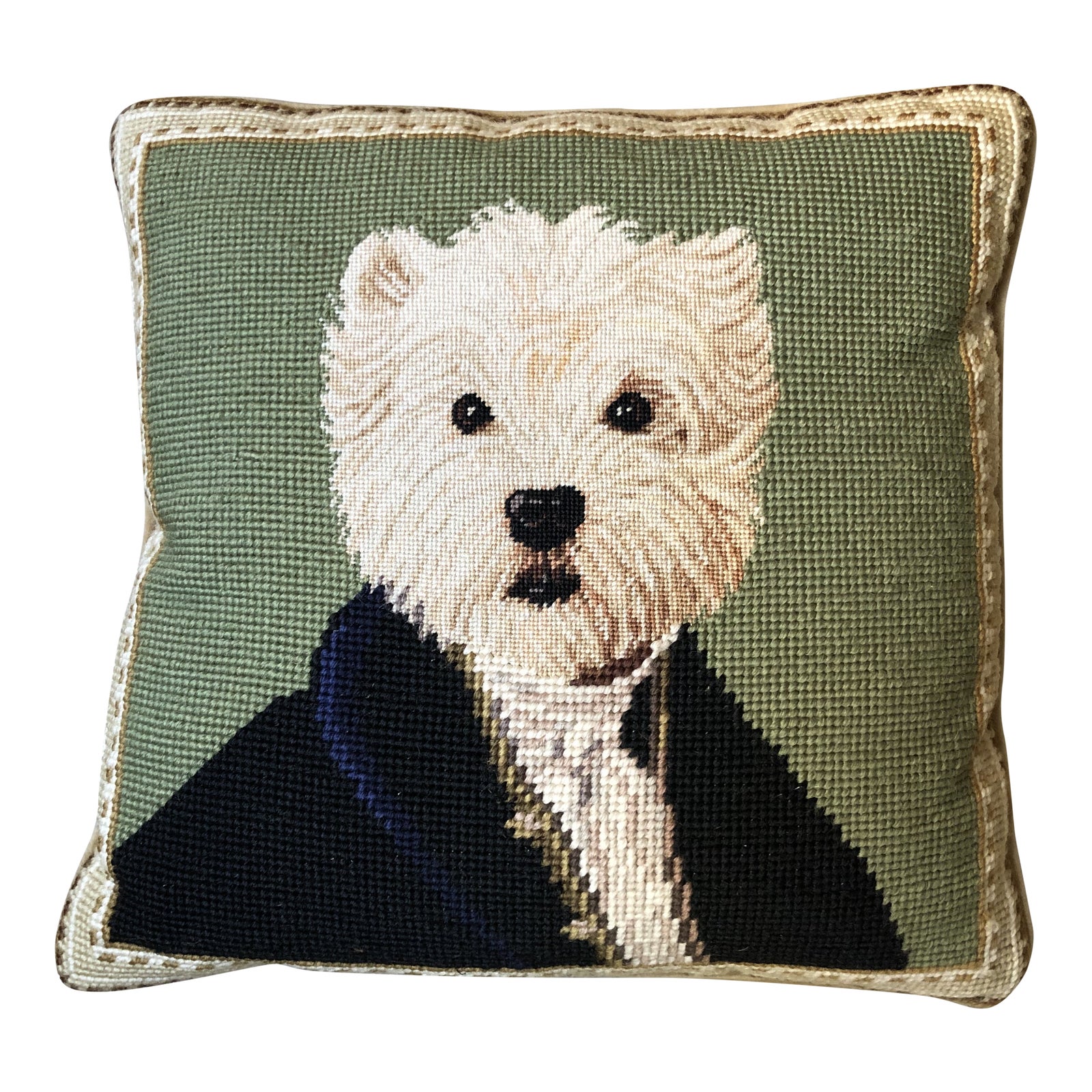 Vintage Transitional Needlepoint Dog Pillow | Chairish