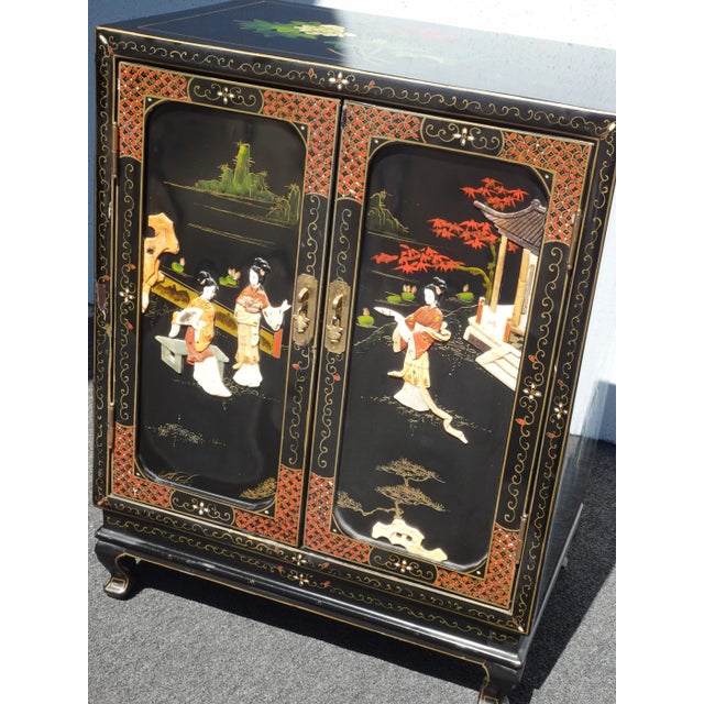 Vintage Oriental Black Lacquer Hand Painted Two Door Cabinet ~ Mother of Pearl For Sale - Image 4 of 12