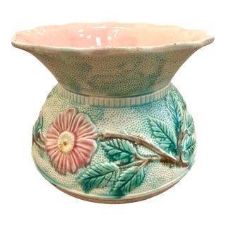 Antique Majolica Ceramic Cuspidor Planter Cachepot With Floral Motifs For Sale