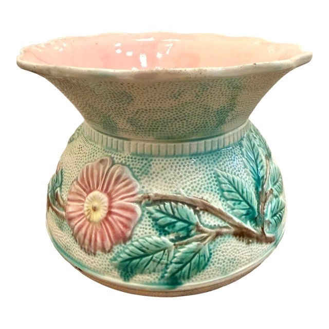 Antique Majolica Ceramic Cuspidor Planter Cachepot With Floral Motifs For Sale
