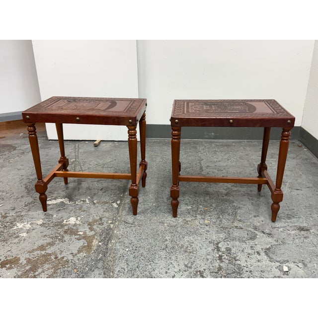 Design Plus Gallery presents a Pair of Vintage Tooled Leather Top Side Tables by Estudio Taller Corongo. Each table has a...