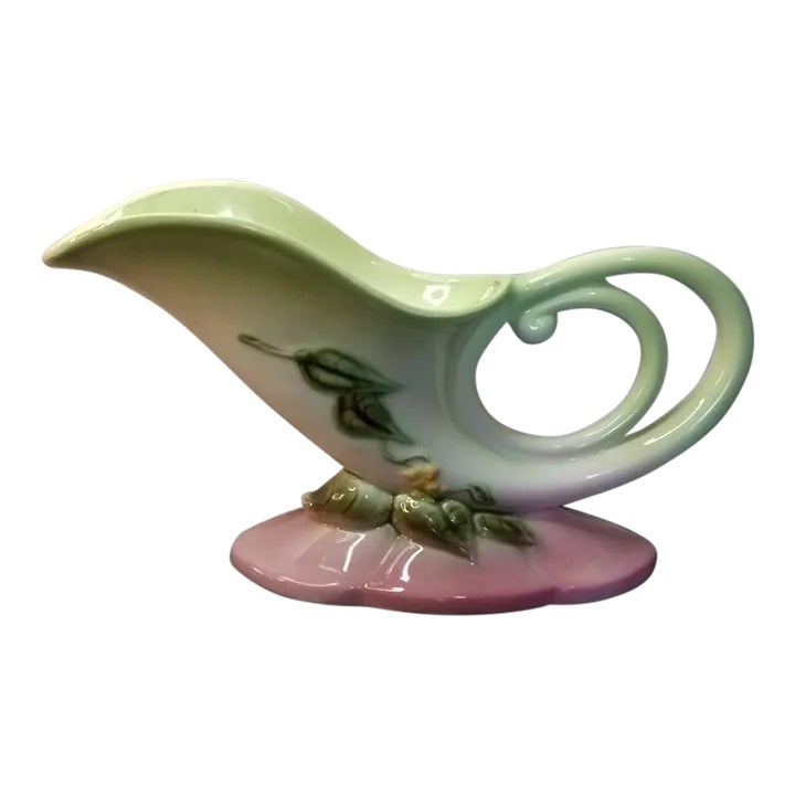 1970s Hull Pottery Usa Pink & Chartreuse Handle Cornucopia Vase