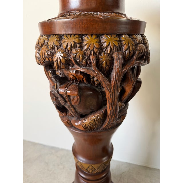 Wood Vintage Handcrafted - Intricate Wildlife Relief Carvings Asian Teak Wood Floor Vases – Pair For Sale - Image 7 of 12