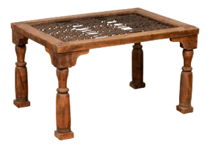 Antique Indian Wooden Side Table with Window Grate and Turned Baluster Legs