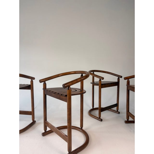 1980s Postmodern Allmilmö Bentwood & Slatted Wood Counter Stools - Set of 4 For Sale - Image 6 of 11