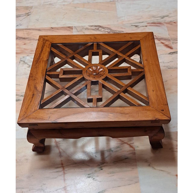 China tea side table, in solid elm wood, with cherry stain. Handcrafted by a master cabinetmaker. with geometric motifs...