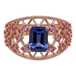 1.4ct Statement Tanzanite Ring w Pink Sapphire Accents in Solid 14K Yellow Gold For Sale