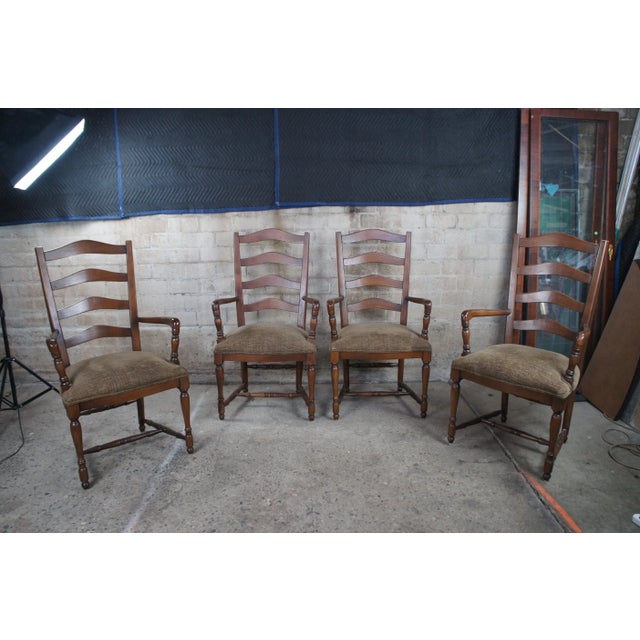 Mid 20th Century Vintage Oak Country French Farmhouse Ladder Back Upholstered Dining Arm Chairs - Set of 4 For Sale - Image 4 of 12